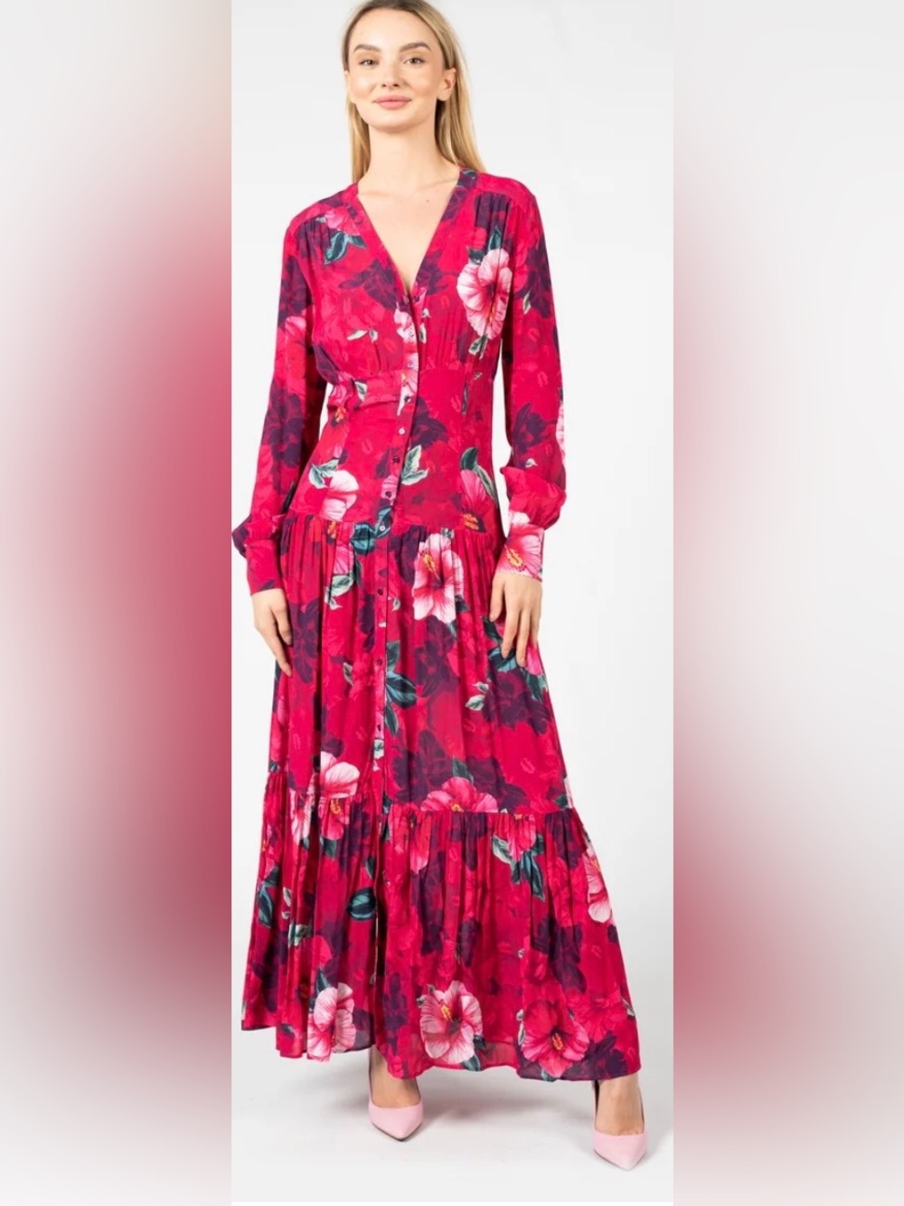 Pinko Fuchsia Floral Long-Sleeve Maxi Dress